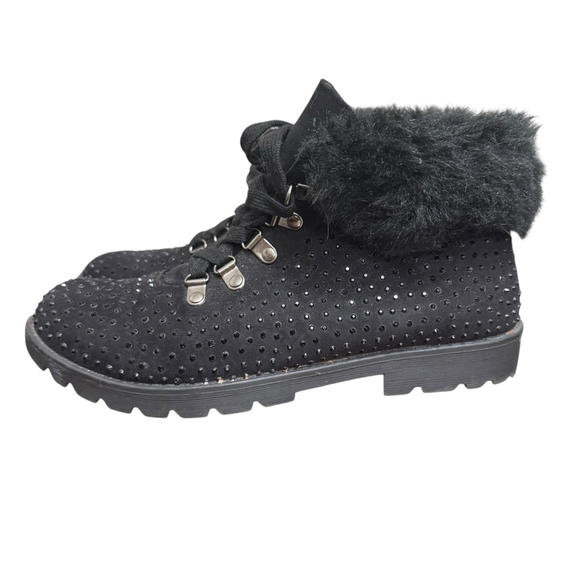 Justice Girls Black Faux Fur Ankle Boots Size 9 Rhinestone Lace Up - Picture 4 of 8